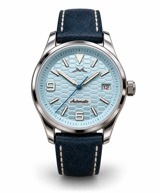 Meridian Charlevoix Fleuve watch with ice-blue geometric dial and navy leather strap, front catalog view